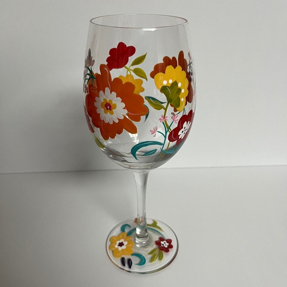 Pier 1 Imports Spring Floral Hand Painted Wine Glass Water Goblet Mouth Blown - Picture 2 of 12